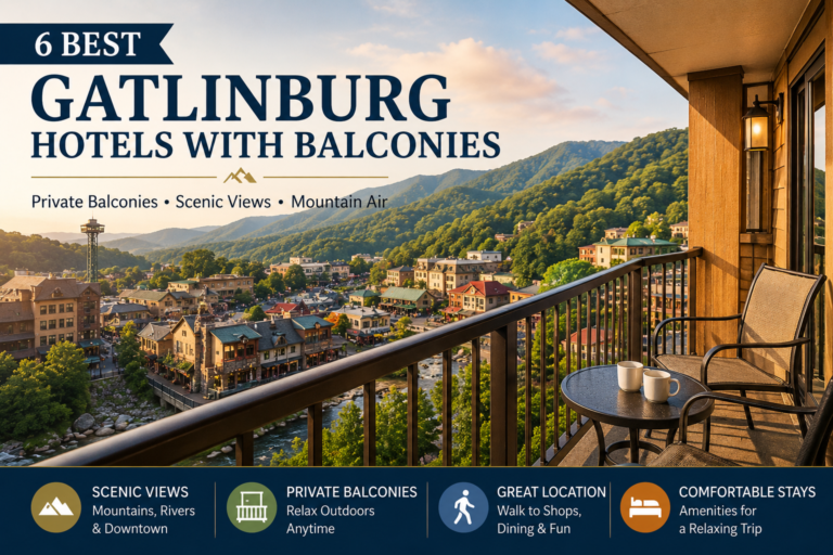 Hotel balcony overlooking downtown Gatlinburg and the Great Smoky Mountains