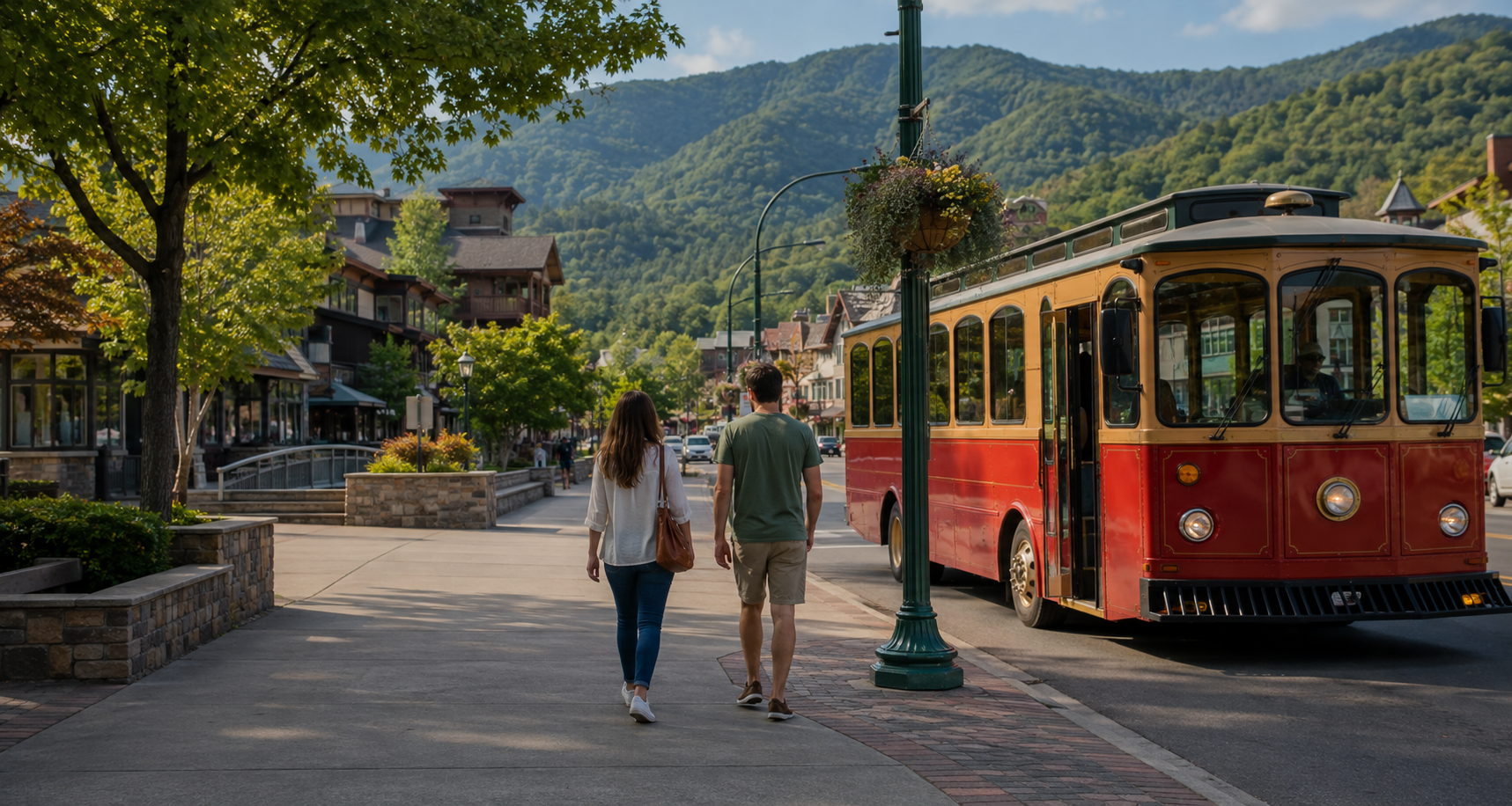 Visitors walking through downtown Gatlinburg near a trolley stop