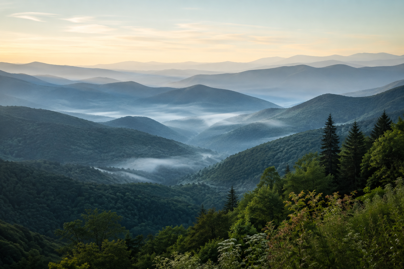 Layered mountain ridges in Great Smoky Mountains National Park near Gatlinburg