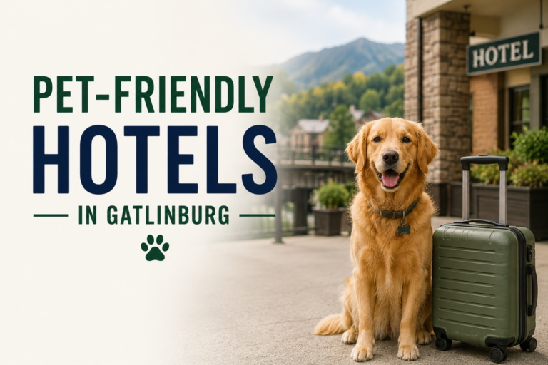 Dog relaxing outside a pet-friendly hotel in Gatlinburg near the Great Smoky Mountains