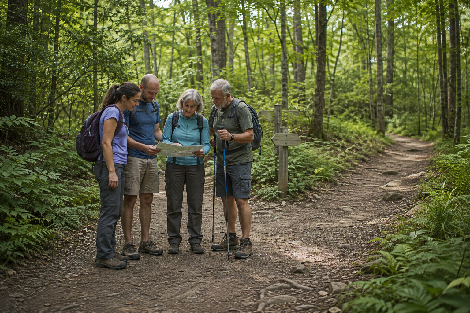 Hikers following a maintained forest trail in Great Smoky Mountains National Park